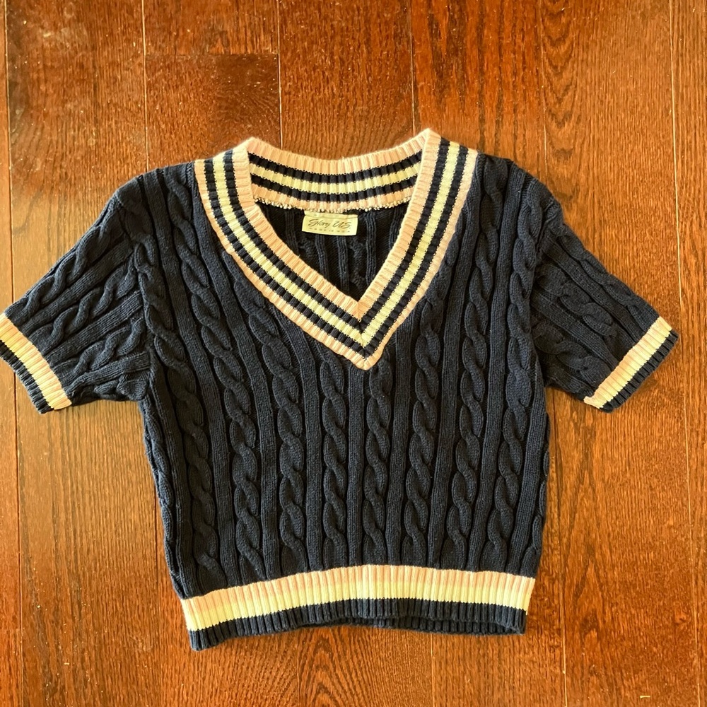 Preppy navy Cable Knit V-Neck Sweater Top with Cream and pink cropped